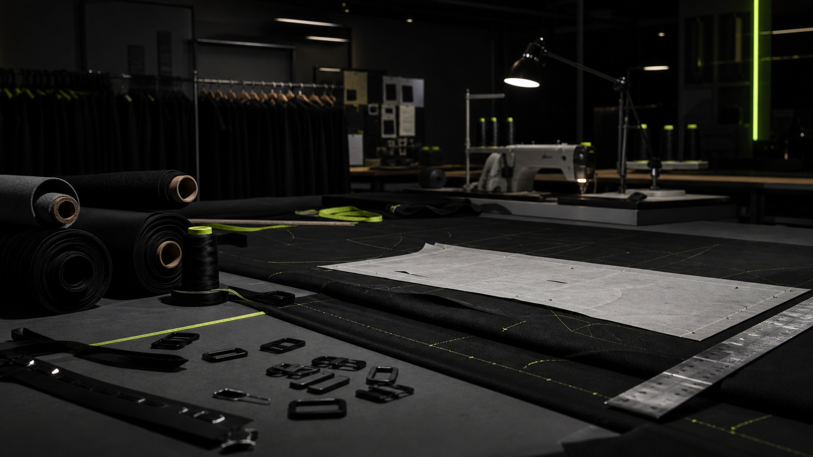 Conformance Solutions production floor concept with fabric rolls, pattern paper, rulers, and sewing equipment